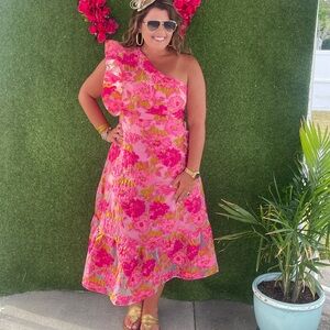 One shoulder pink & gold flower dress